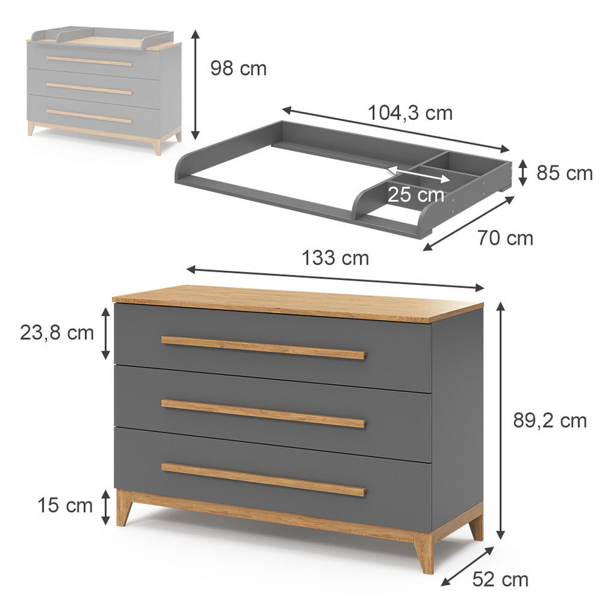 WICKELKOMMODE Malia Grau 133 x 98 cm XL mit 3 Schubladen - Grau, Holzwerkstoff (133/98/70cm) - VitaliSpa