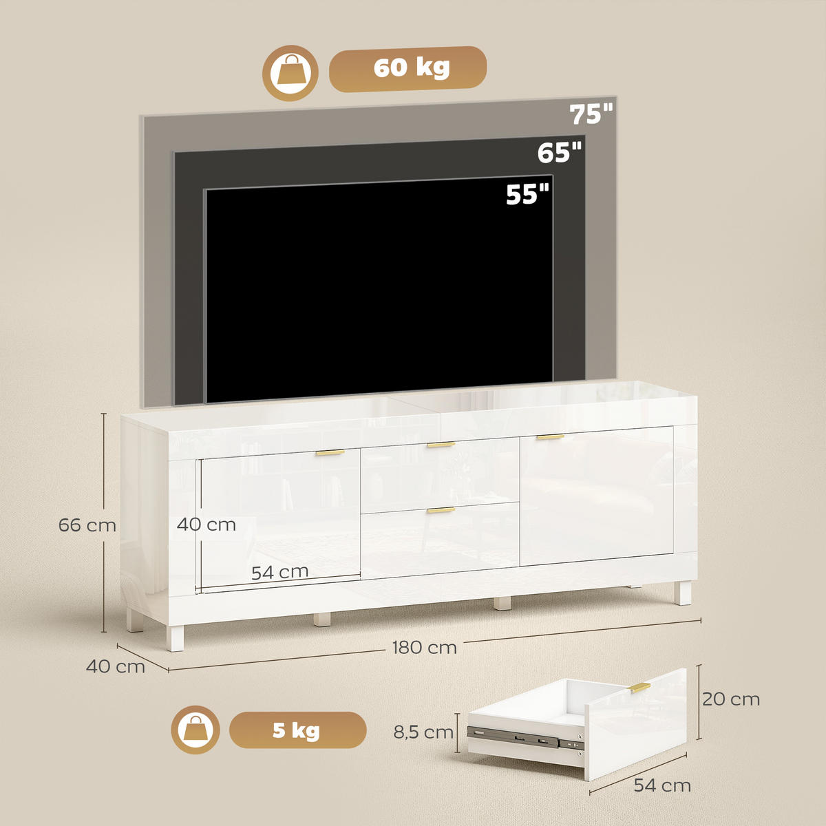 TV-SCHRANK Spanplatte Hochglanz - Weiß Hochglanz, Holzwerkstoff (40/66/180cm) - HOMCOM
