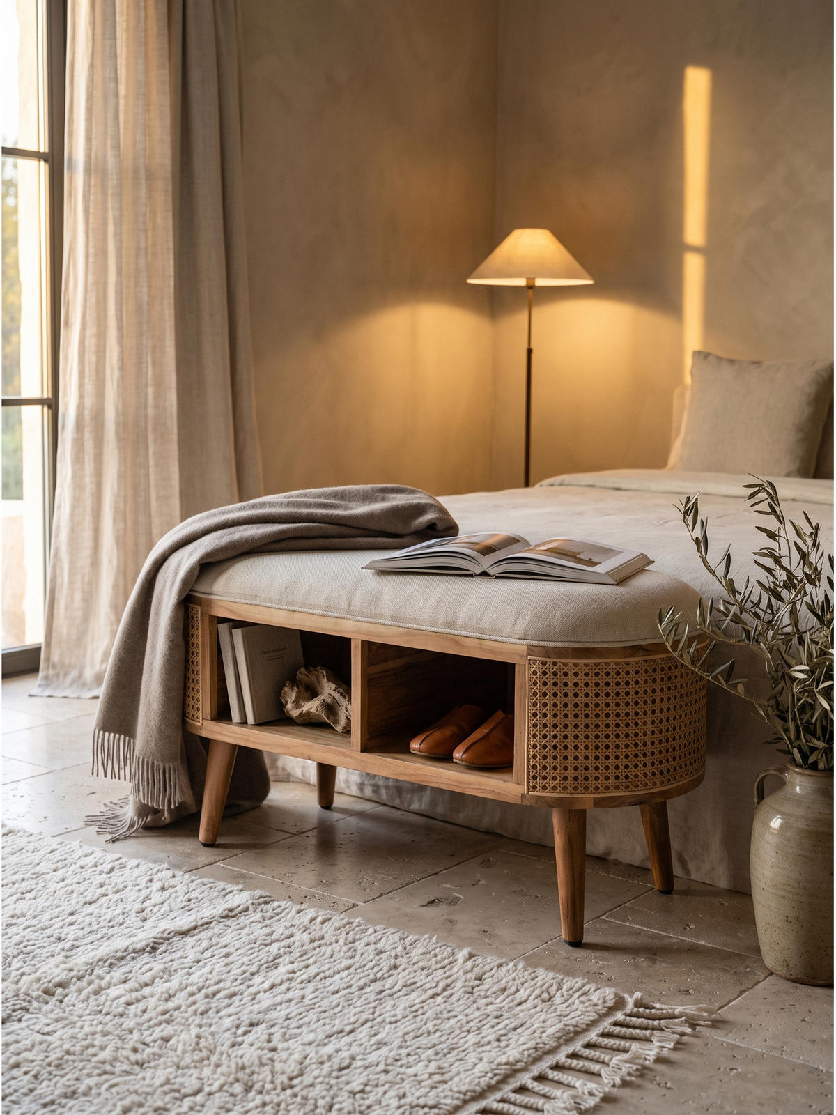 SITZBANK ASCOLI, Jutestoff, Akazie-Weiß, 90 x 45 x 45 cm - Hellbraun/Creme, Akazienholz/Holz (90/45/45cm) - KADIMA DESIGN