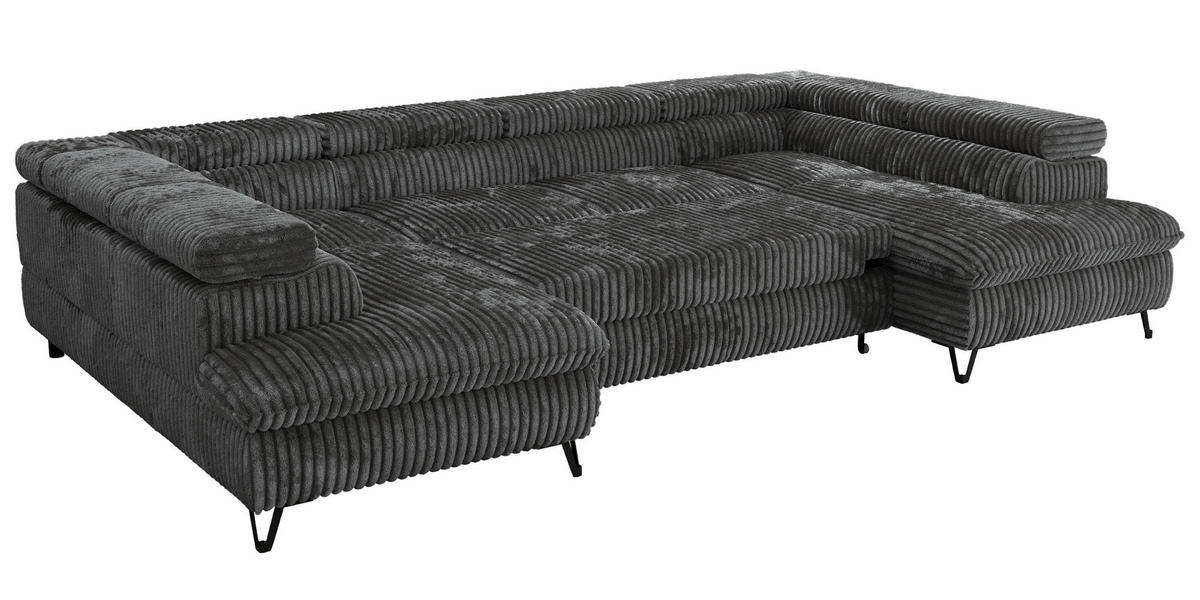 WOHNLANDSCHAFT PABLO U Cord Grau - Dunkelgrau/Schwarz, Textil/Metall (346/76/208cm) - MKS