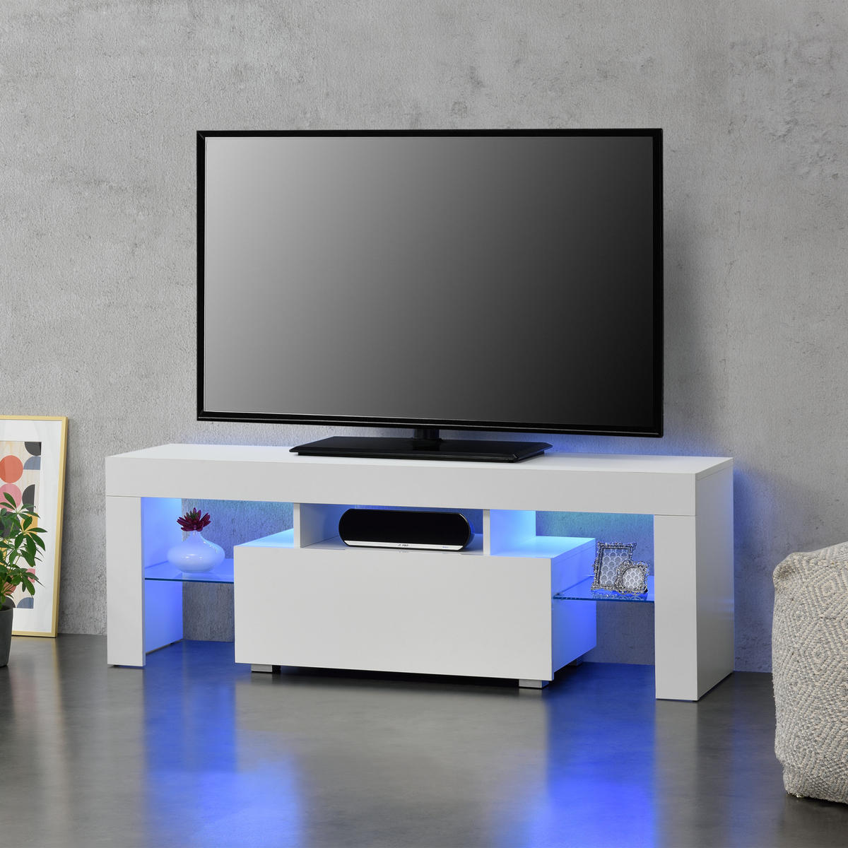 TV-ELEMENT Grimsey - Weiß Hochglanz, Glas/Holzwerkstoff (130/45/35cm) - [en.casa]