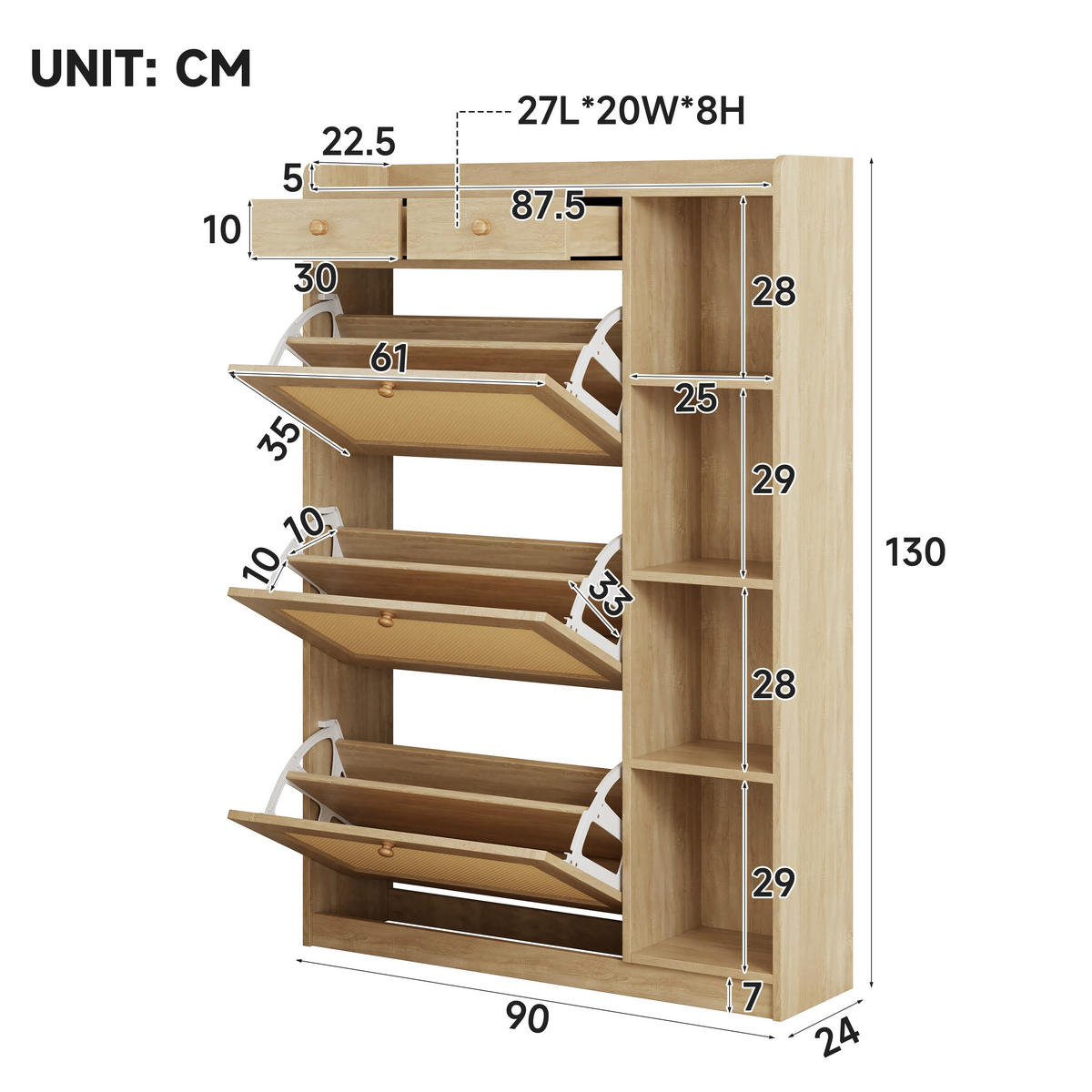 SCHUHSCHRANK 90x24x130cm Rattan mit 3 Klappen, 2 Schubl. - Naturfarben, Holzwerkstoff (90/130/24cm) - FLIEKS