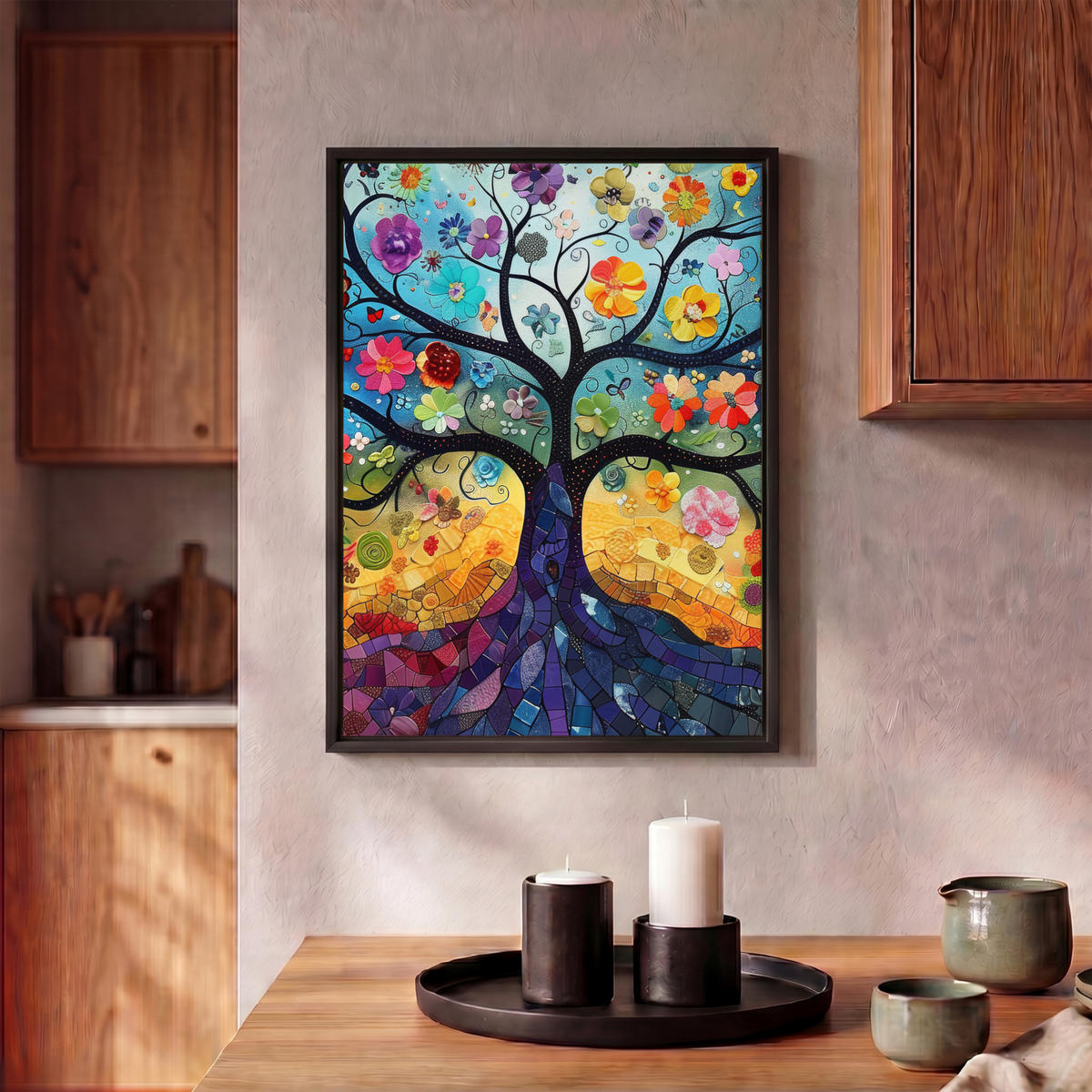 LEINWAND Bilder mit Rahmen - Kunst - Baum des Lebens - Blumen - Hippie - 30x40 - Dunkelblau, Textil (30/40cm) - MuchoWow