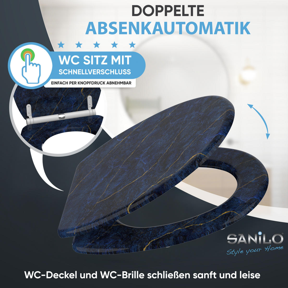 WC-SITZ mit Absenkautomatik & Top Fix Marmor Darkblue - Blau, Holzwerkstoff (37.7/5.5/48cm) - Sanilo