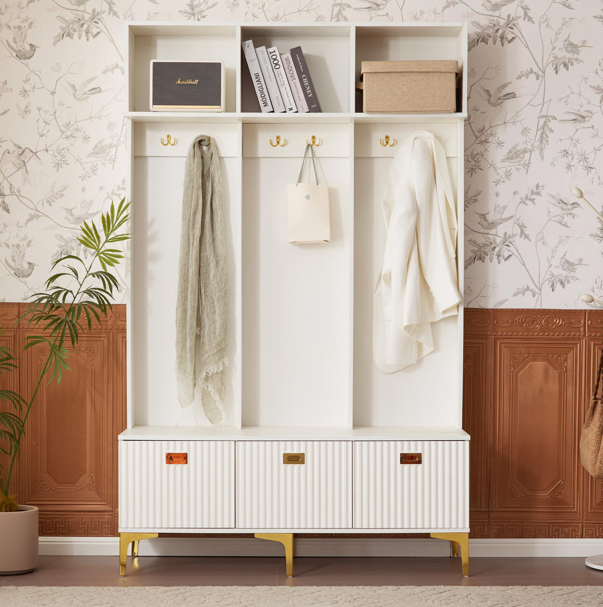 GARDEROBENSET 120/23,5/191,5 cm aus Spanplatte mit Sitzbank und 6 Haken Weiß - Weiß, Holzwerkstoff (40/191/120cm) - Modenvie