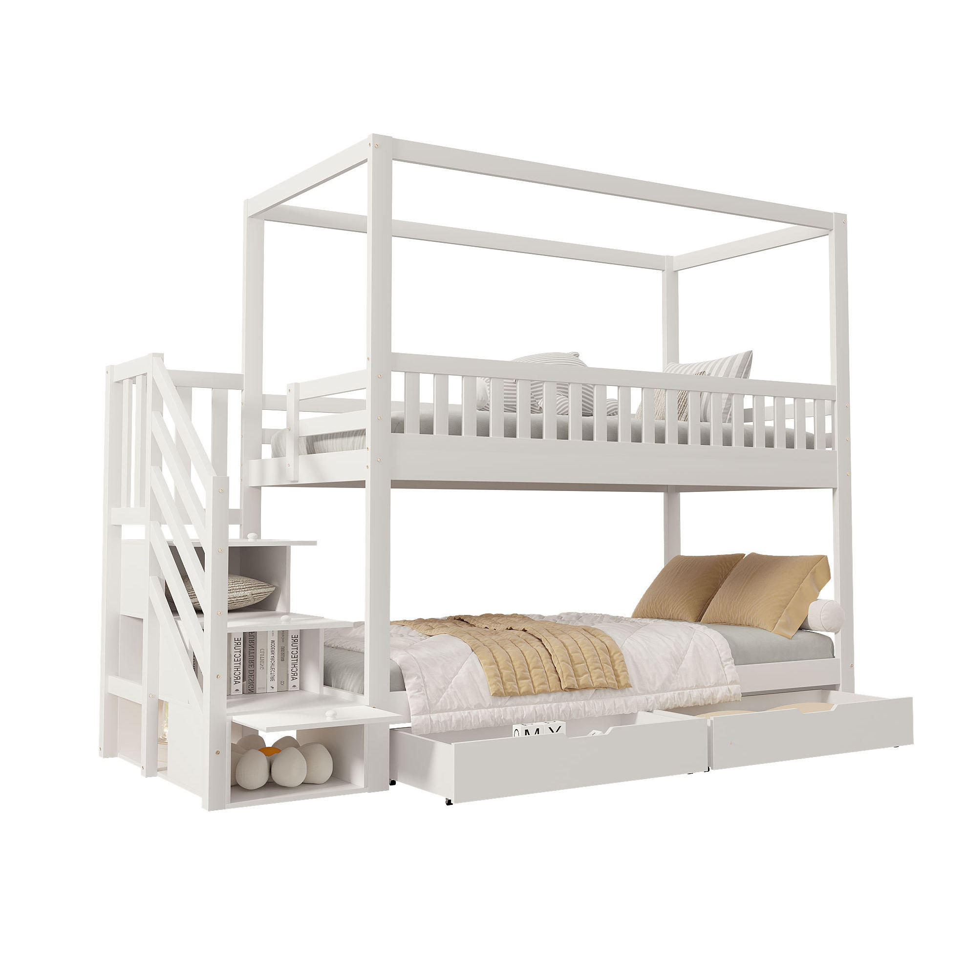 ETAGENBETT 90/200 cm aus Massivholz mit Hausform und Sicherheitsleiter - Weiß, Holz (90/200cm) - OKWISH