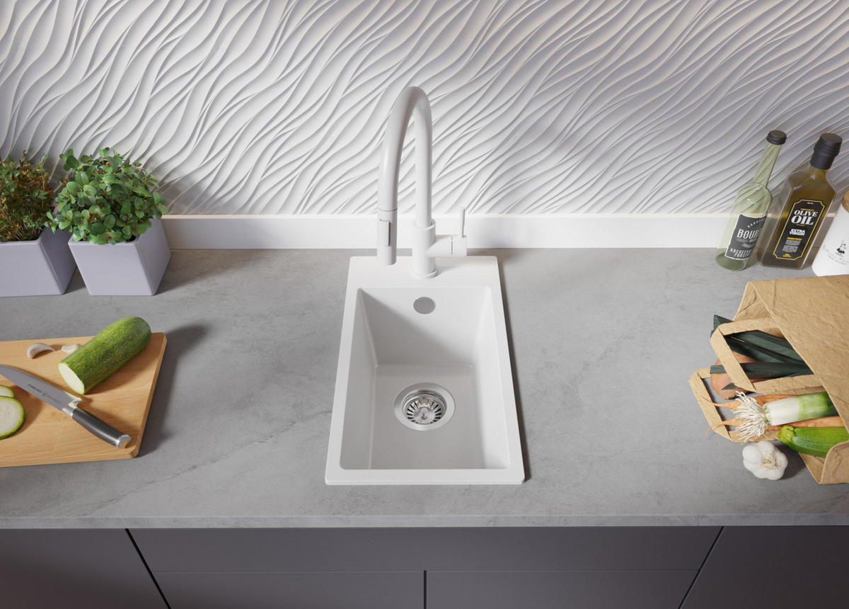 GRANITSPÜLE Riga, 2-er set Alles Weiß 28/50 cm 1 Becken + Küchenarmatur 40/20 cm + Ablauf-Set ab 30er Unterschrank - Weiß, Kunststoff (28/20/50cm) - Primagran