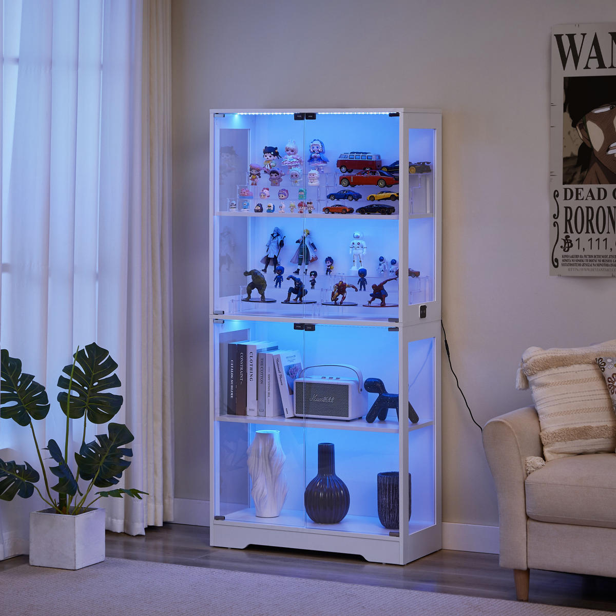 VITRÍNA v bílé barvě s LED osvětlením a skleněnými dvířky do obývacího pokoje, 80×35×165 cm - bílá, kompozitní dřevo/sklo (80/165/35cm) - STILVORA
