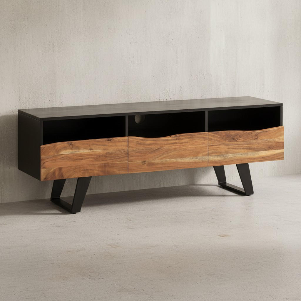 LOWBOARD Akazie Massivholz Modern Stil 140x50x40 cm Baumkante mit Schublade und Türen - Schwarz, Holz/Metall (140/50/40cm) - KADIMA DESIGN