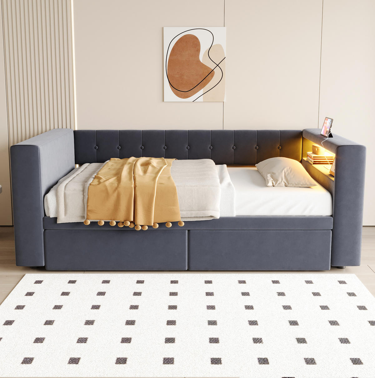 POLSTERBETT 90/190 cm mit LED-Beleuchtung und Stauraum in Dunkelgrau - Dunkelgrau, Textil (90/190cm) - BEAOK