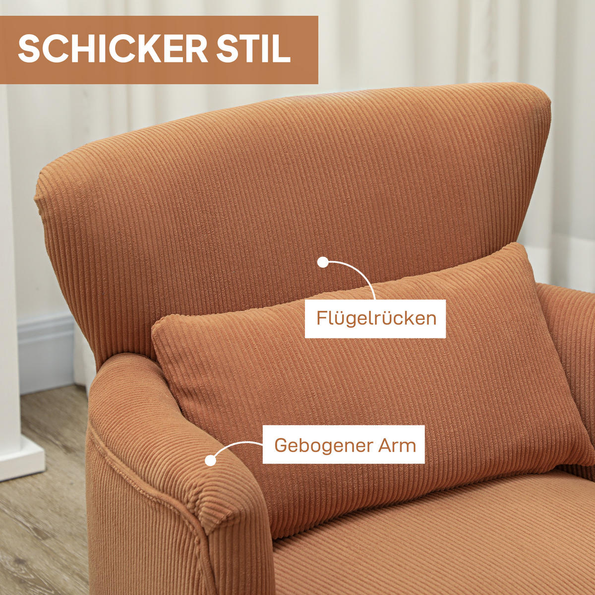 SESSEL mit Rückenlehne, abgerundeten Armlehnen Gepolstert Loungesessel Kordoptik - Orange/Braun, Textil (69/78/69.5cm) - HOMCOM