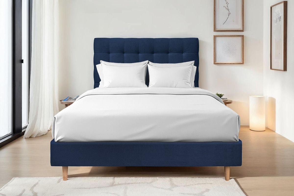 KOPFTEIL gepolstert - Gesteppt – ozeanblauer Samtstoff - 140 cm - Beige/Dunkelblau, Karton/Holz (140/120/10cm) - Sommeil de Plomb
