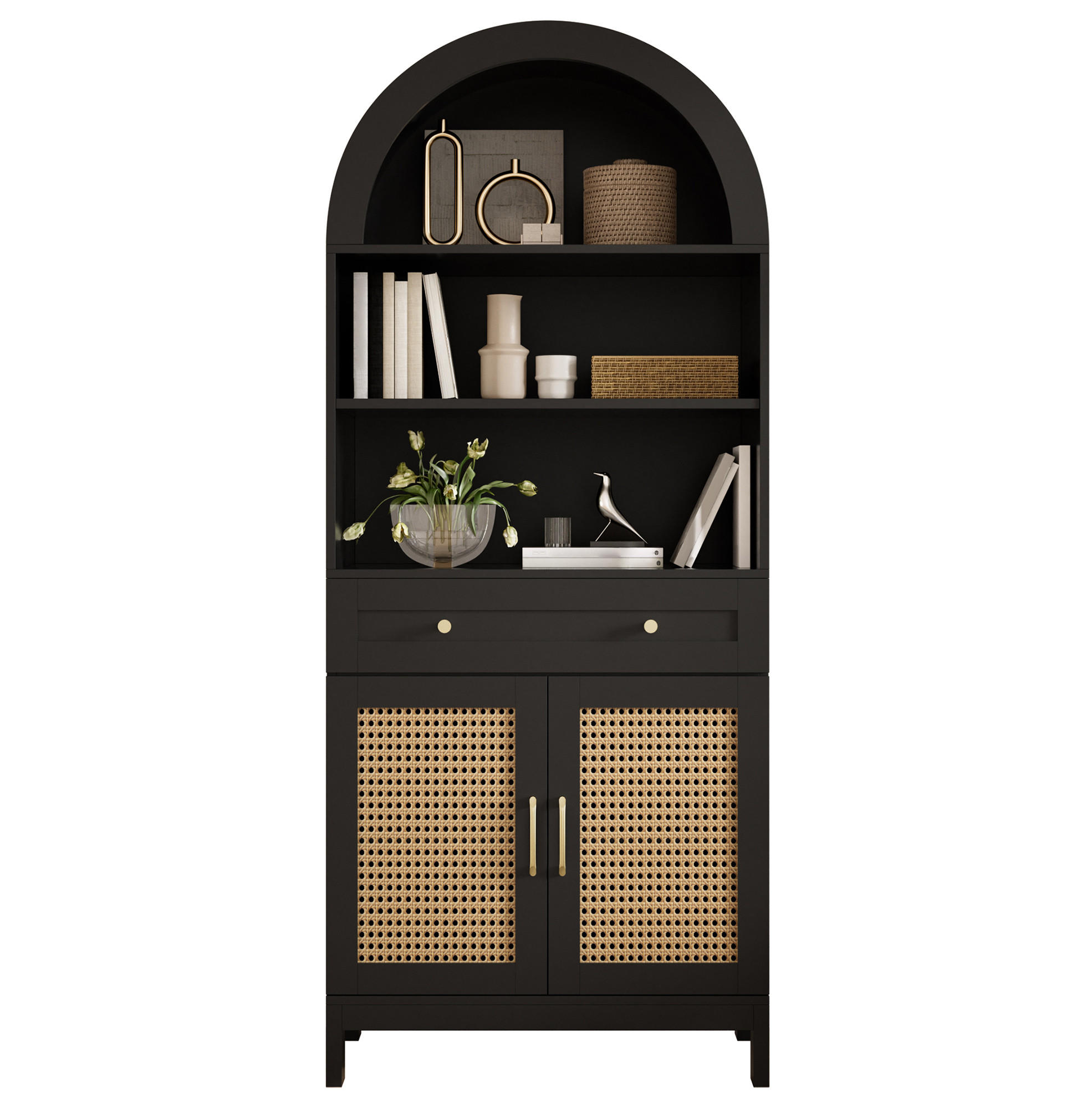 VITRINENSCHRANK in Schwarz und Holzoptik 70x40x170 cm mit 2 Türen und Schublade - Schwarz, Holzwerkstoff (40/170/70cm) - IVMEU