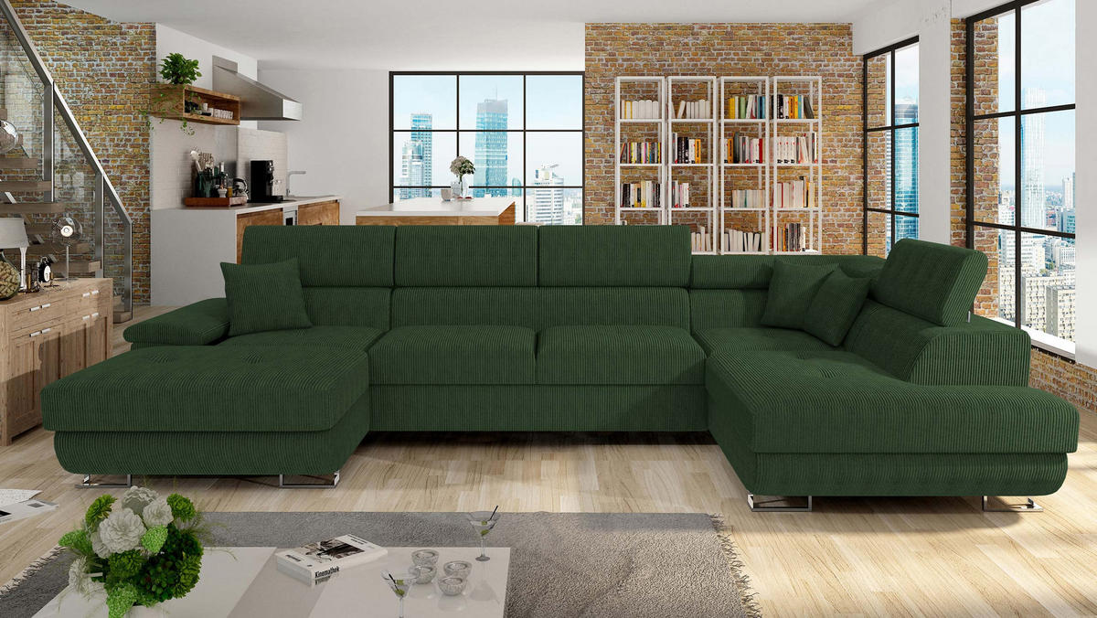 WOHNLANDSCHAFT Cotere Bis Cord, Seite: Rechts - Grün, Holz (345/91/202cm) - MIRJAN24