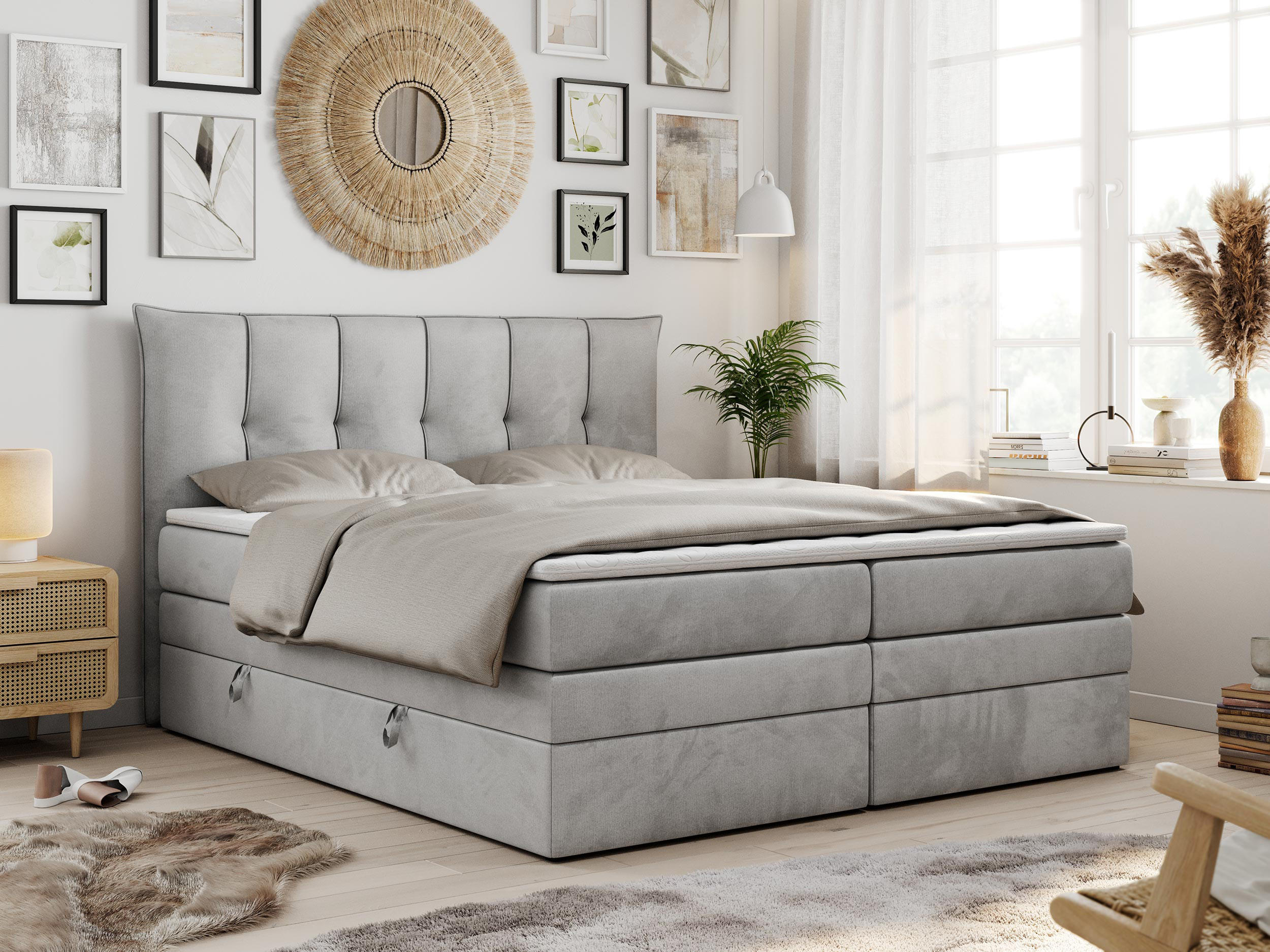 Thumbnail - MKS Boxspringbett, Hellgrau, Textil, 2-Sitzer, H4, Rechteckig, 200x200 cm, Schlafzimmer, Betten, Boxspringbetten