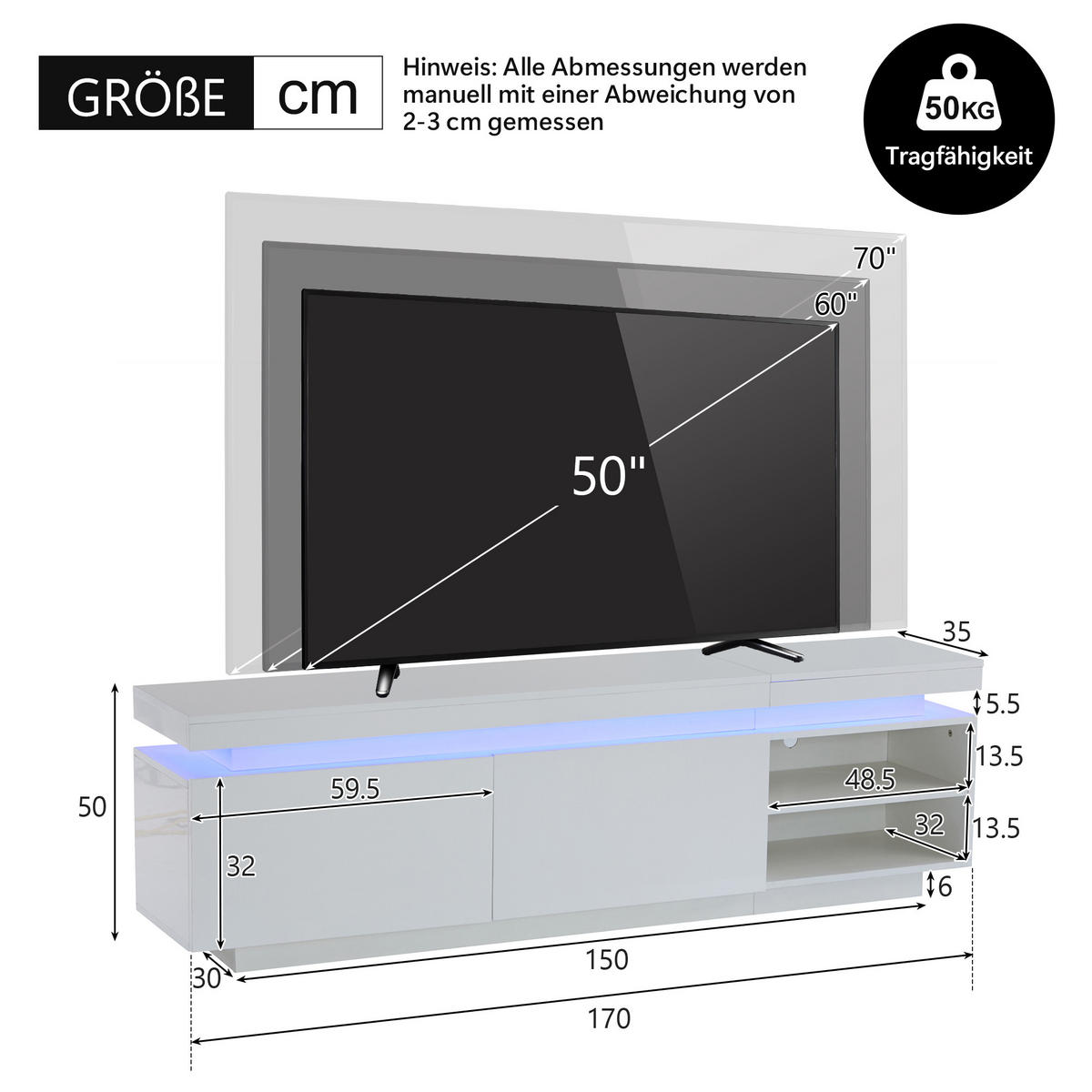 TV-SCHRANK Lowboard Modern Hochglanzweiß LED-Beleuchtung Stauraum bis 70 Zoll - Weiß, Holz (43.94/18.8/62.99cm) - FLIEKS