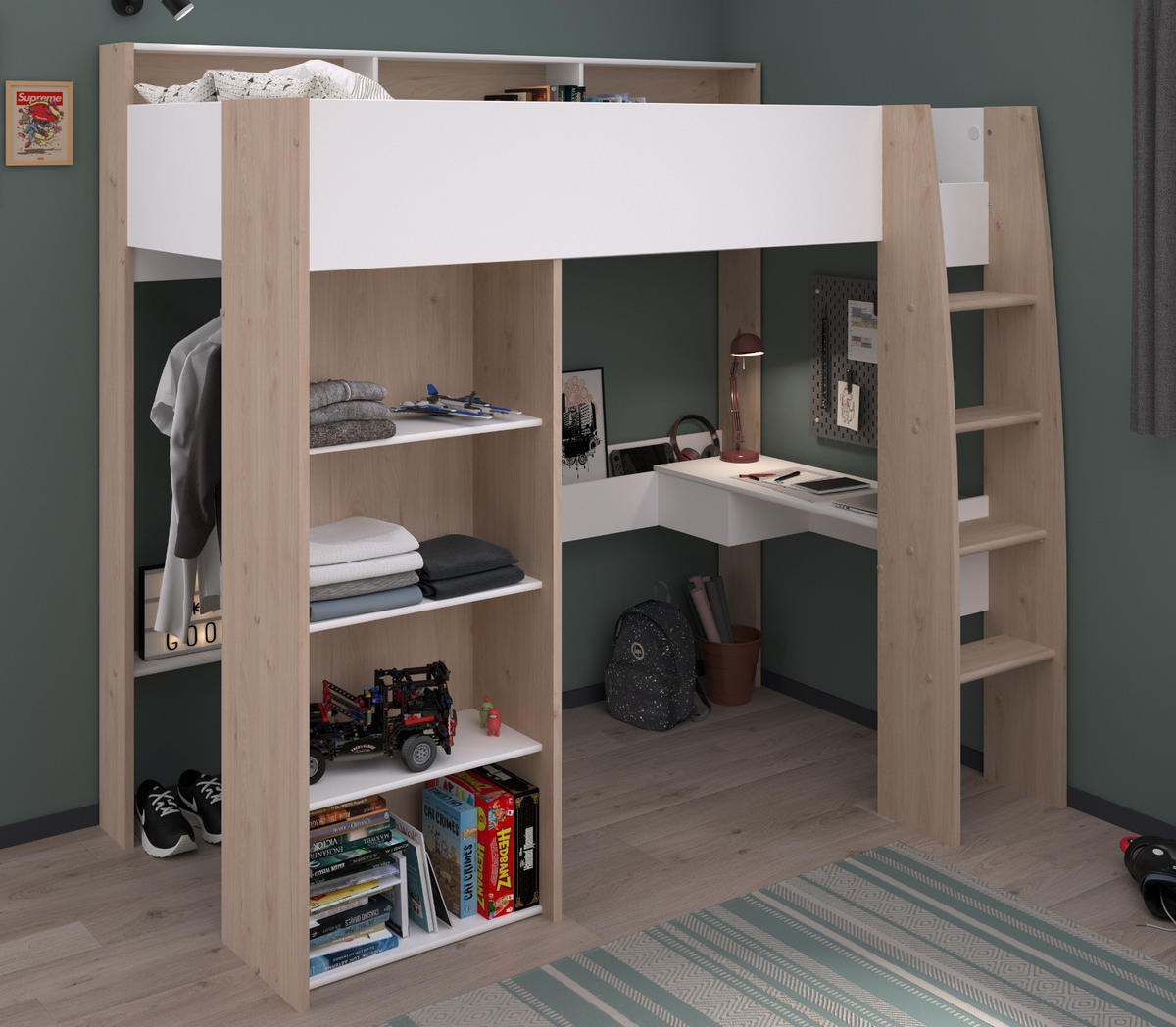 HOCHBETT Jugendzimmer Bett 90 cm mit Schreibtisch und Stauraum - Multicolor, Holz/Holzwerkstoff (90/200cm) - Parisot Meuble