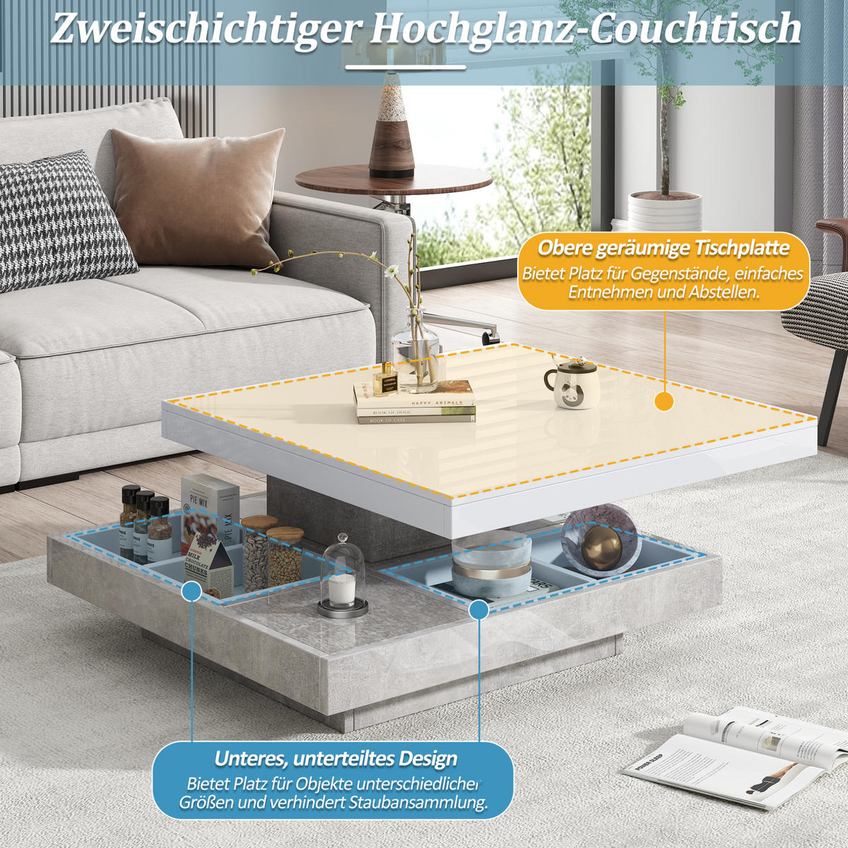 COUCHTISCH 70/70/36 cm weiß/marmor aus Spanplatte mit 360° drehbarer Platte - Weiß, Holzwerkstoff (70/70/36cm) - OKMYHOME