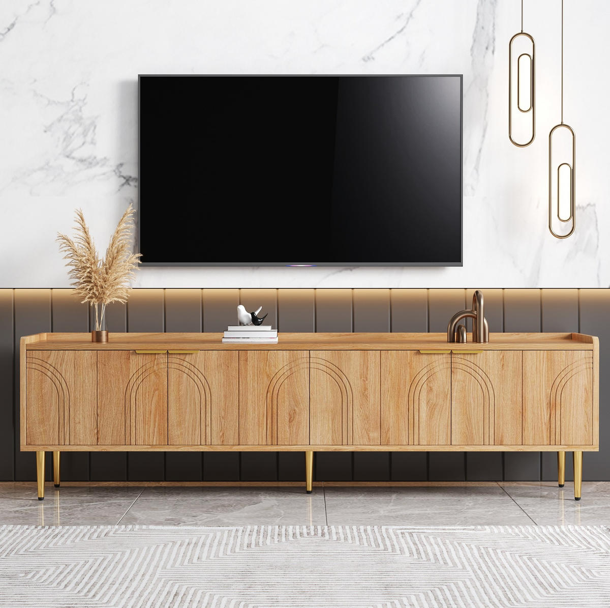 TV-SCHRANK aus MDF 170x35x47,5 cm Natur mit Kabelmanagement und Stauraum, goldfarbene Griffe - Naturfarben, Holzwerkstoff (170/47.5/35cm) - Modfu