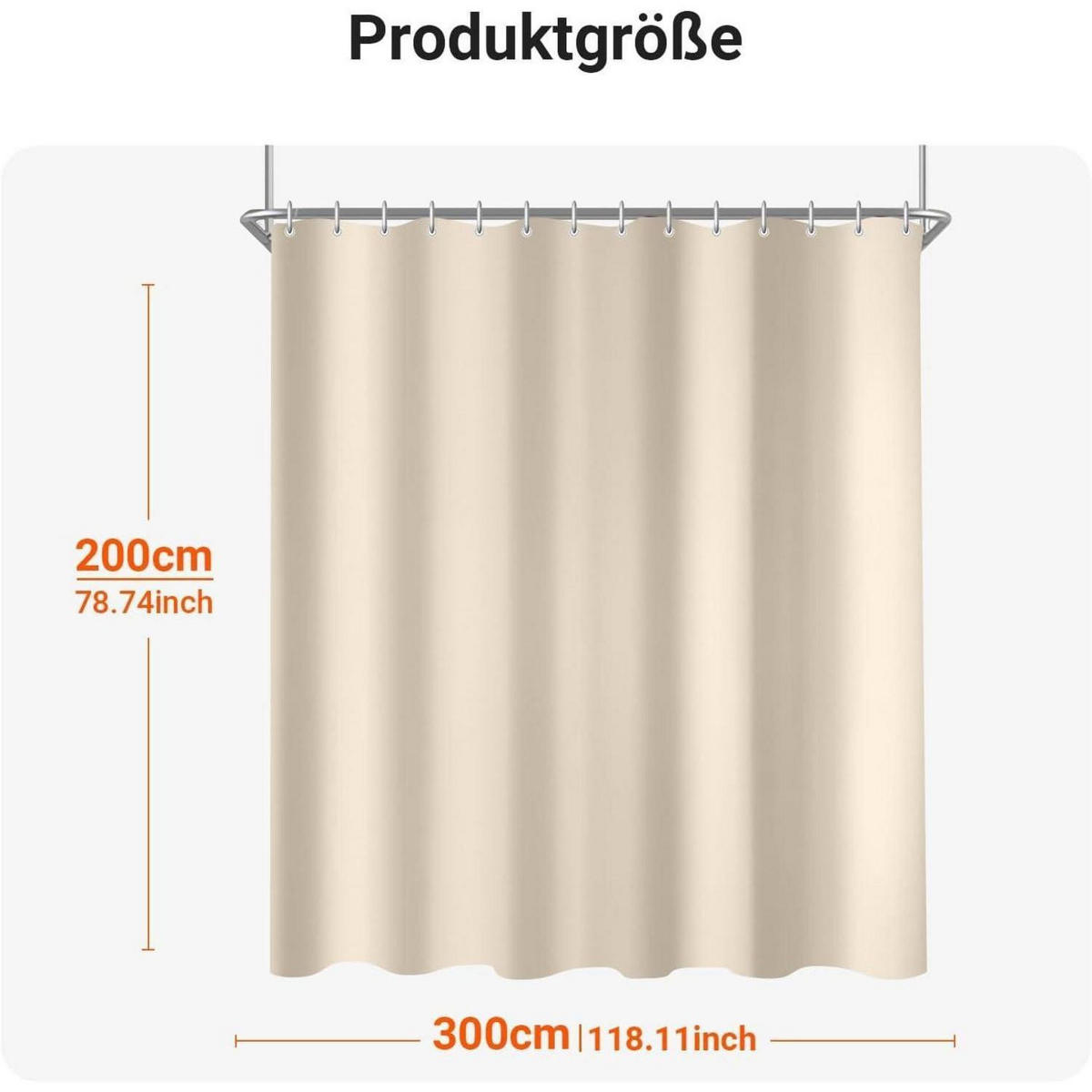 DUSCHVORHANG Beige 300 x 200 cm mit beschwertem Saum und 20 Ringen - Beige, Textil (300/200cm)