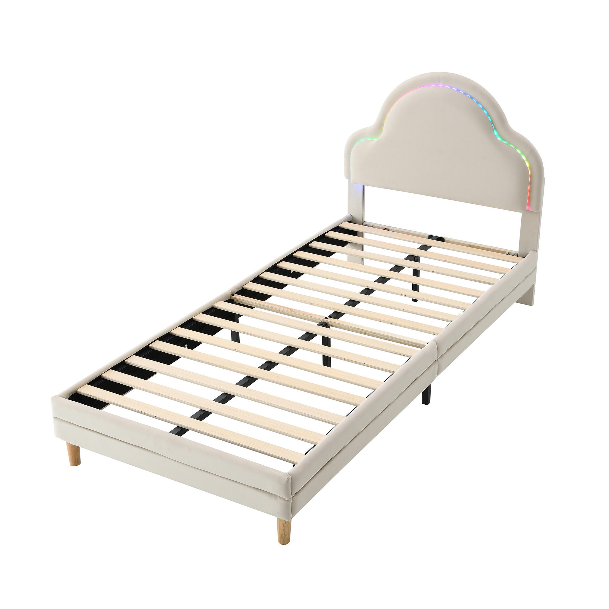 KINDERBETT 90/200 cm DE-04273, mit Wolken-Kopfteil, LED und Samtbezug, in Beige - Beige, Holzwerkstoff/Metall (90/200cm) - ComfortXL