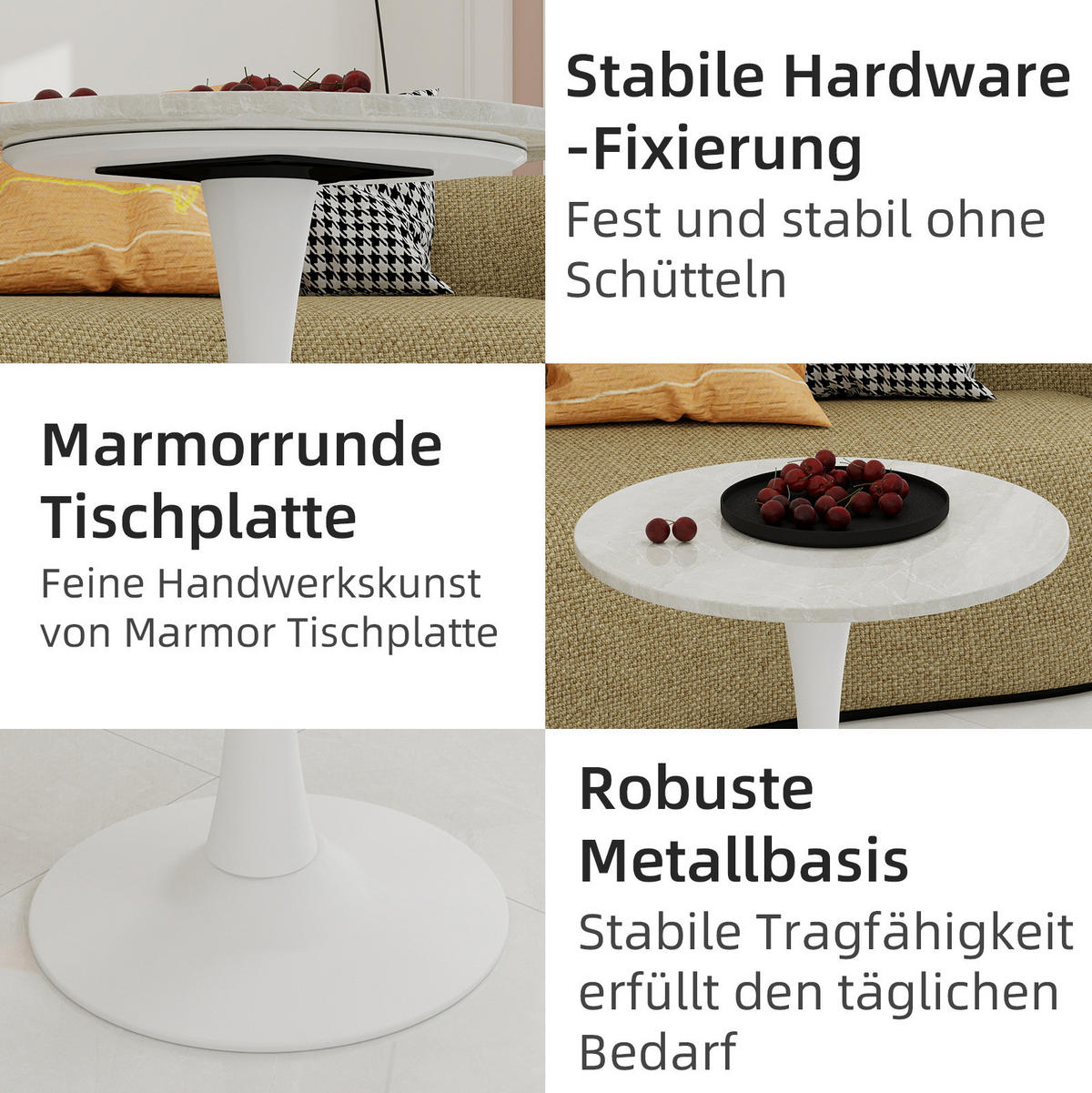 BEISTELLTISCH 70/70/72 cm aus Kunstmarmor, rundes Design für Wohn- und Essbereich, Weiß - Weiß, Stein (70/70/72cm) - Redom