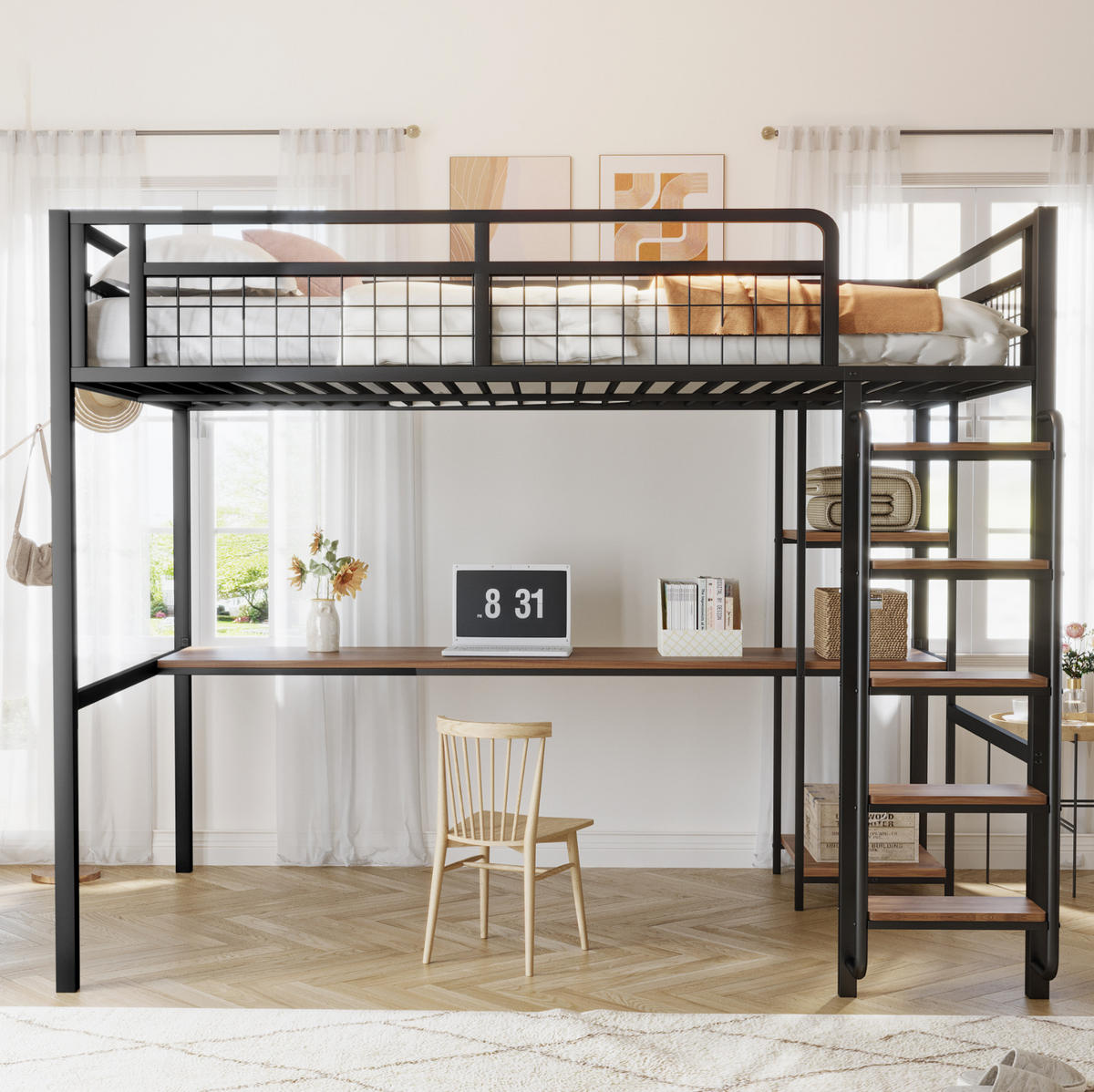HOCHBETT 140/200 cm Schwarz aus Metall mit Schreibtisch und Regal - Schwarz, Metall (140/200cm) - OKMYHOME