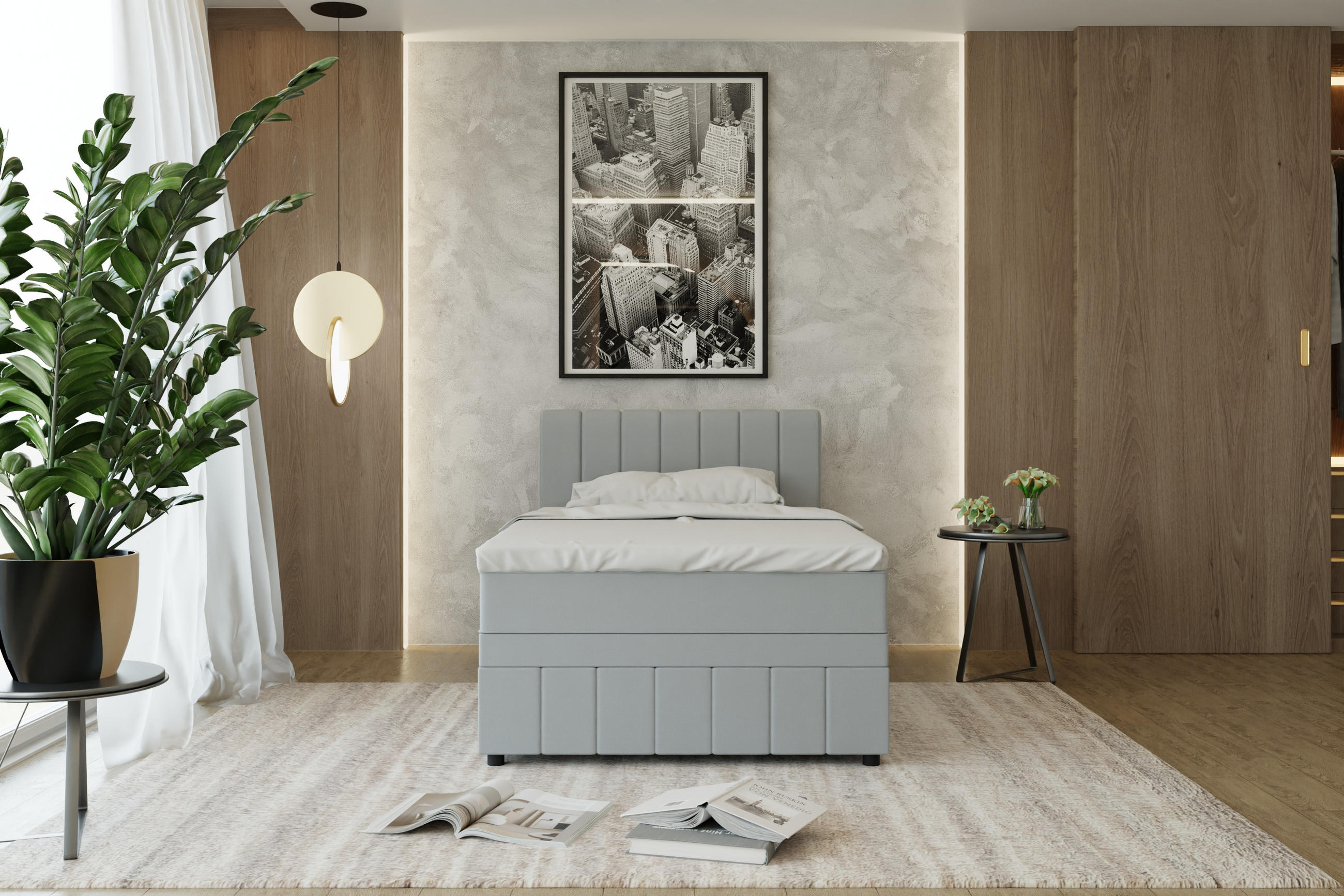 BOXBETT AVALON 120 x 200 cm mit Bettkasten und Topper - Hellgrau - Hellgrau, Holz - Panda Möbel