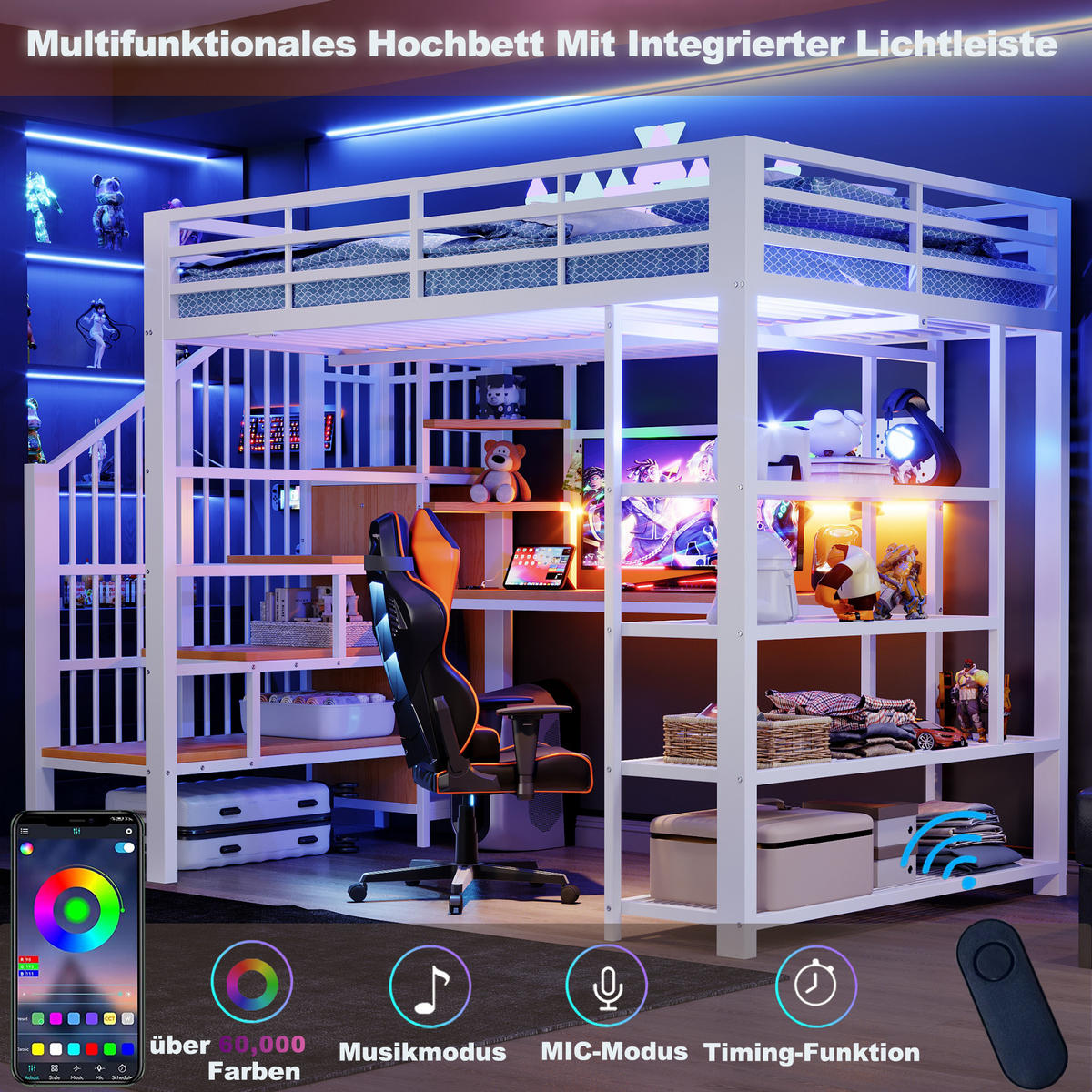 HOCHBETT 140/200 cm in Weiß mit Treppe, LED, Steckdosen und Regal - Weiß, Holzwerkstoff/Metall (140/200cm) - CHICFURN