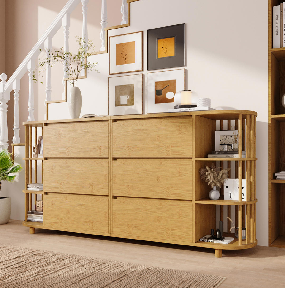 SIDEBOARD aus MDF und Bambus 160x40x75 cm Eiche mit 6 Schubladen, offenen Regalen und höhenverstellbaren Füßen - Naturfarben, Holzwerkstoff (160/75/40cm) - Modfu