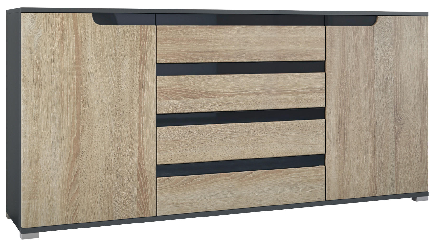 SIDEBOARD Sylt Eiche sägerau / Schwarz Hochglanz - Eiche San Remo, Holzwerkstoff (166.5/75.5/35cm) - Vladon