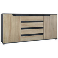 SIDEBOARD Sylt Eiche sägerau / Schwarz Hochglanz - Eiche San Remo, Holzwerkstoff (166.5/75.5/35cm) - Vladon