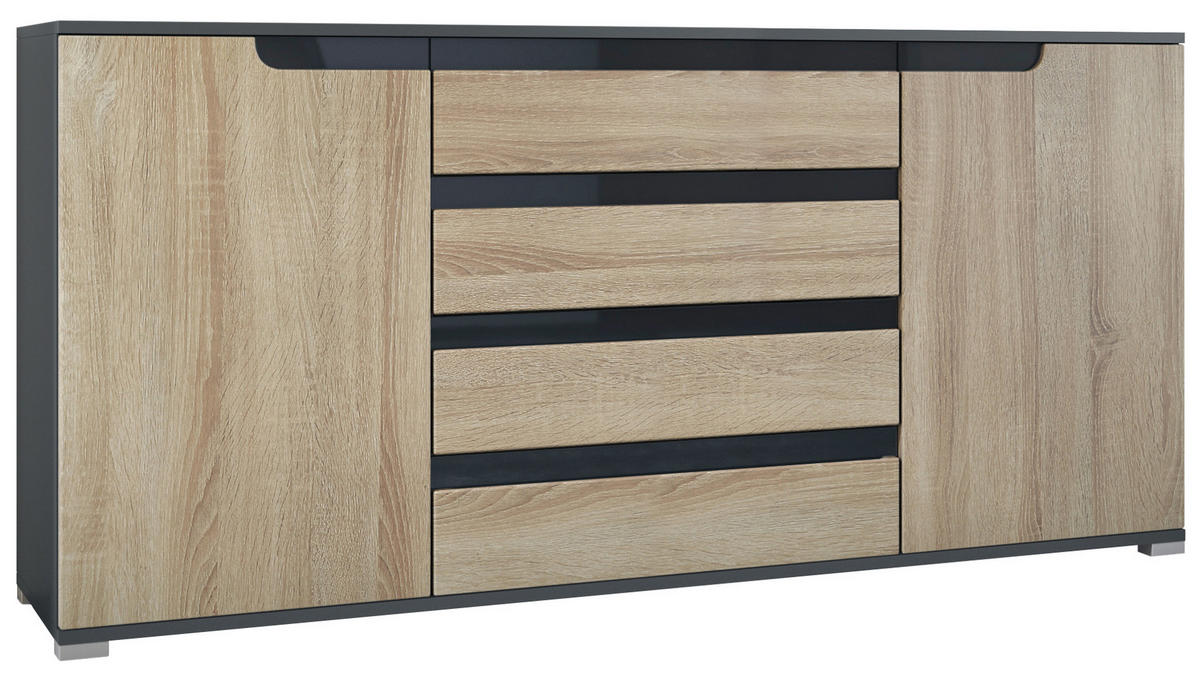 SIDEBOARD Sylt Eiche sägerau / Schwarz Hochglanz - Eiche San Remo, Holzwerkstoff (166.5/75.5/35cm) - Vladon