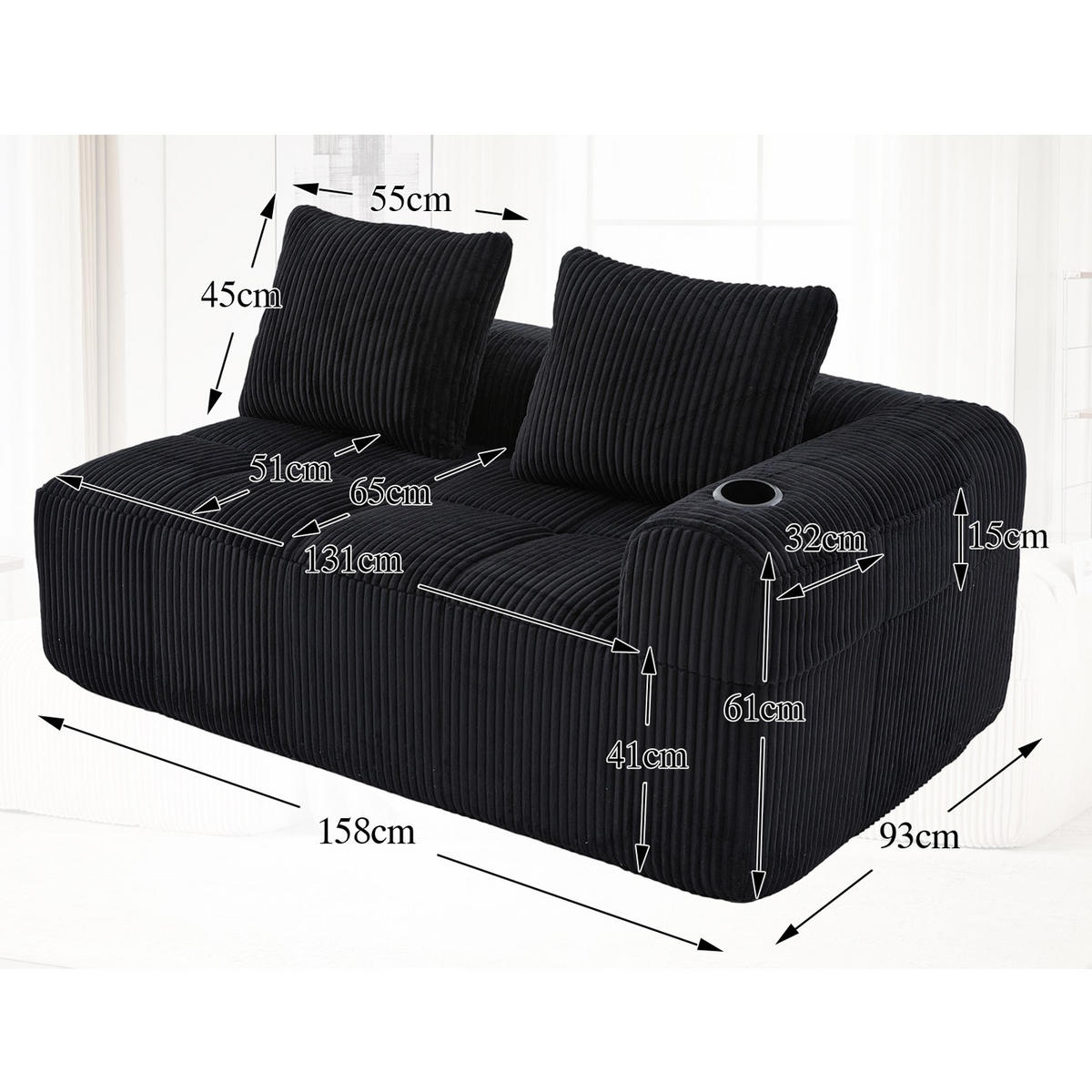 SOFA Modulares 2-Sitzer, Cord, keine Montage erforderlich, Schwarz - Schwarz, Textil (93/61/158cm) - Meubles Cosy