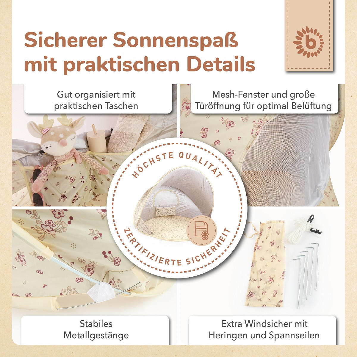 STRANDMUSCHEL Pop-up, UV-Schutz 40+ - Creme, Textil (105/146cm) - Bieco Spielwaren