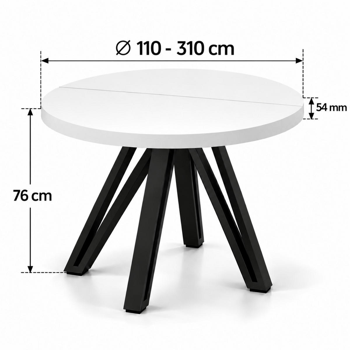 ESSTISCH rund ausziehbar 110/310/76 cm, Weiß, 54 cm Tischplatte + Industrial Metallgestell Schwarz - Schwarz/Weiß, Holzwerkstoff/Metall (110/310/76cm) - Damale Möbel