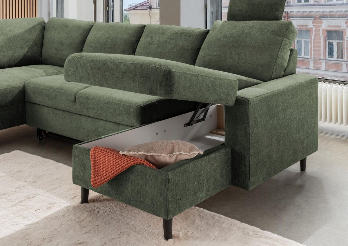 WOHNLANDSCHAFT mit Schlaffunktion und Bettkasten - Dunkelgrün/Schwarz, Kunststoff/Textil (200/88/305cm) - myHomelando