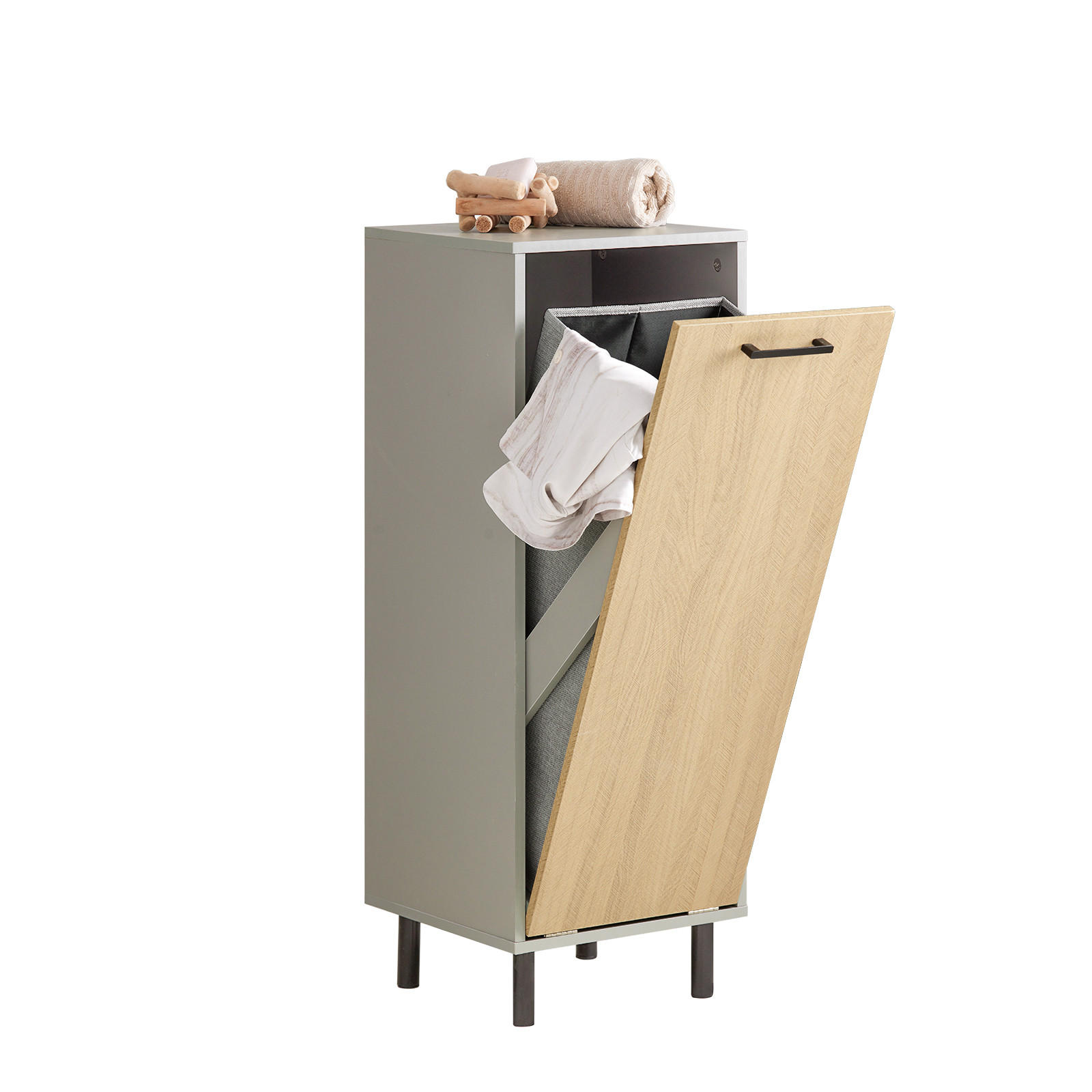 WÄSCHESCHRANK mit Wäschesack Grau - Naturfarben/Grau, Holzwerkstoff/Metall (31/86/30cm) - SoBuy