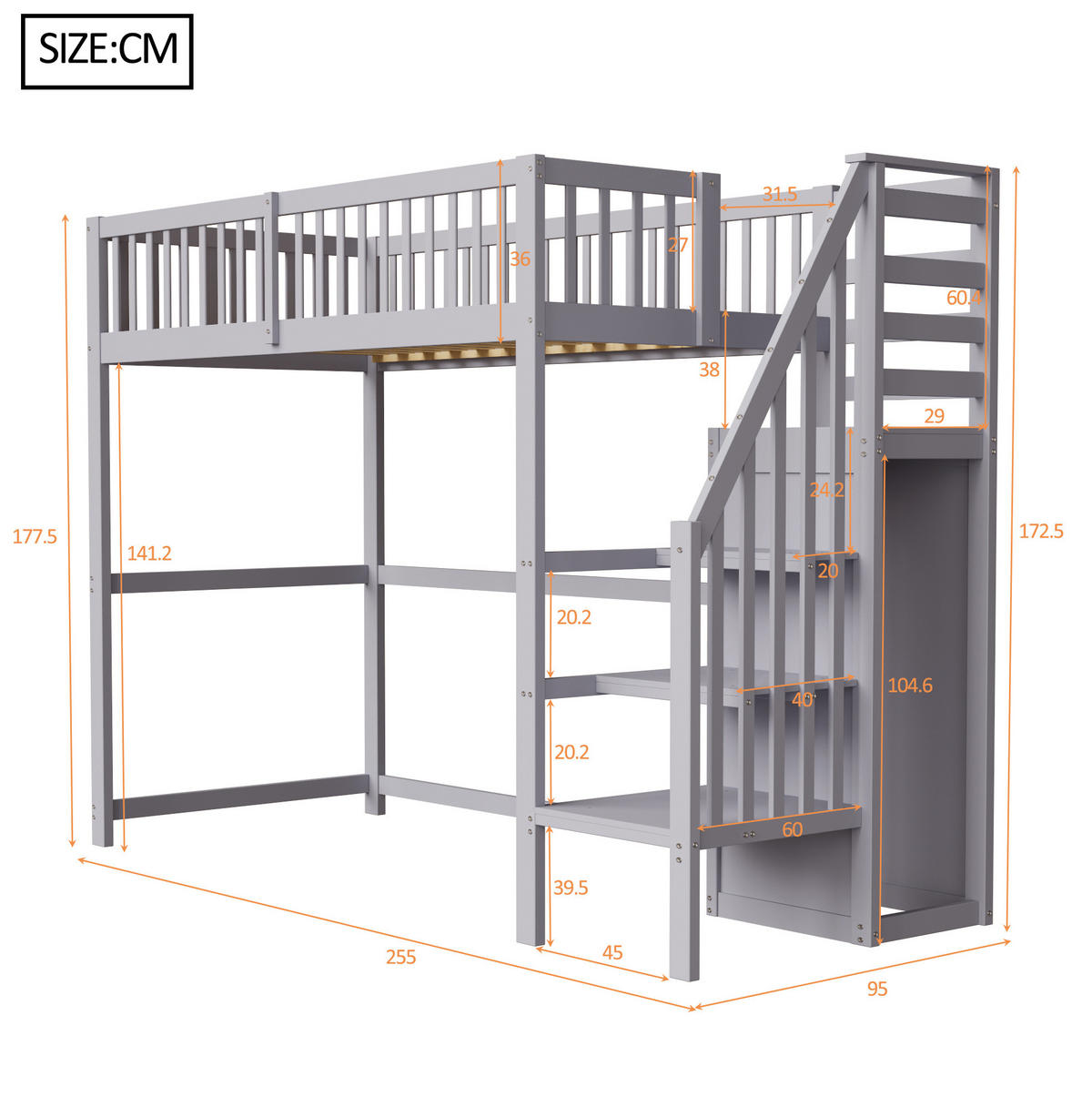 HOCHBETT 90/200 cm mit Treppe, Kleiderschrank und Stauraum, Grau - Grau, Holzwerkstoff (90/200cm) - Redom
