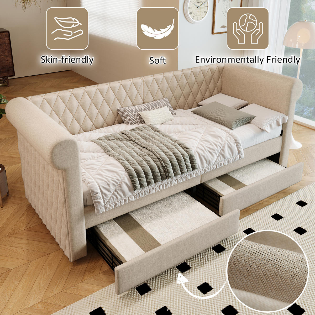 SCHLAFSOFA 90/200 cm in Beige Leinen mit 2 Schubladen - Beige, Holzwerkstoff/Textil (90/200cm) - WISHDOR