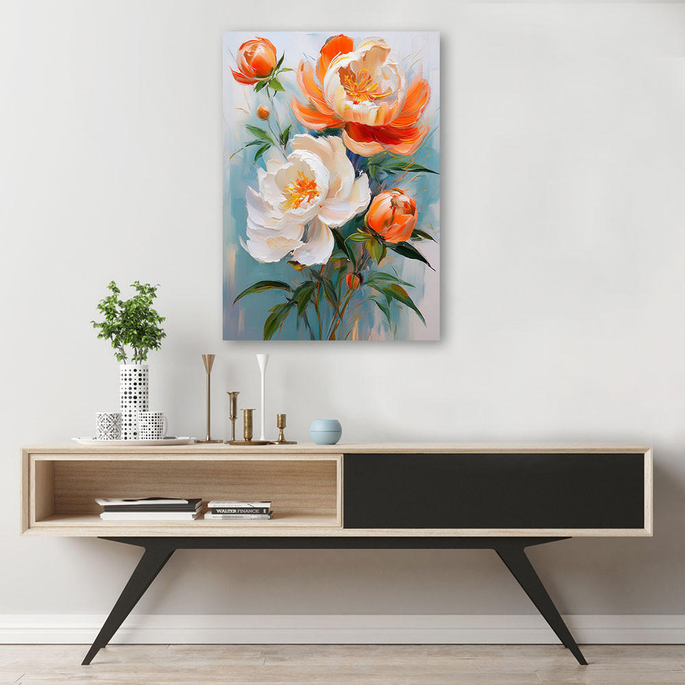 WANDBILD pfingstrosen blühen orange weiß - Orange, Textil (80/120cm) - Feeby