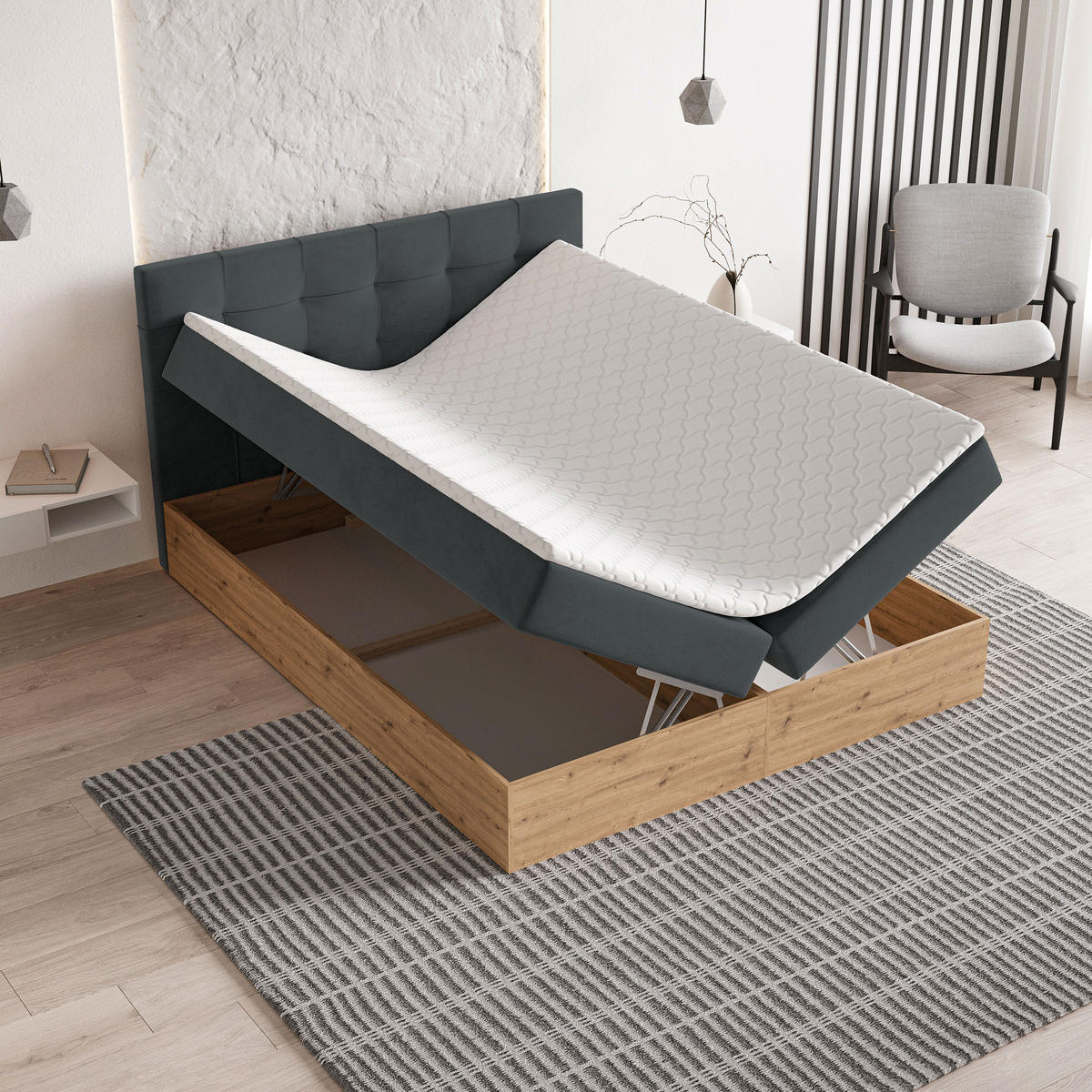 BOXBETT MOLVEN 140x200 cm mit Matratze und Topper - Graphitfarben - Graphitfarben, Holz (140/200cm) - MASSENO