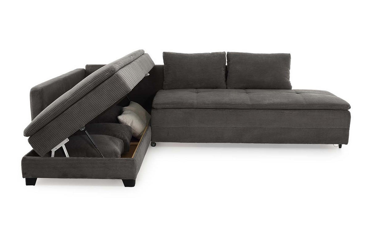 ECKSOFA-DAUERSCHLÄFER Doppelbett Boxspring Federkern Topper, seitenverkehrt montierbar B306/T223/H95 cm, Cord Grau Anthrazit / 15163 - Anthrazit/Schwarz, Kunststoff/Textil (306/223cm) - luma-home
