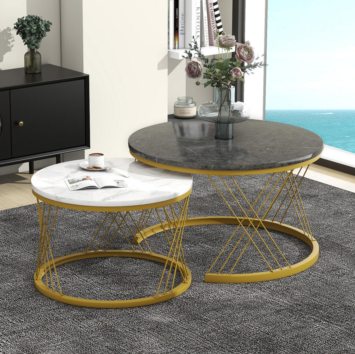 COUCHTISCH-SET 70/45 cm mit Marmordekor & Nesting-Funktion - Grau, Holzwerkstoff (70/70/45cm) - BEAOK