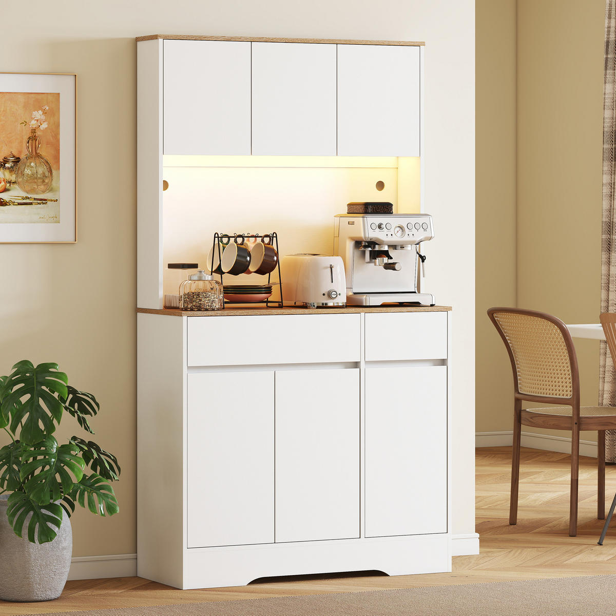 BUFFET DE-11308 LED-RGB, 6 Türen & 2 Schubladen mit Arbeitsplatte Weiß - Weiß, Holzwerkstoff (38/180/100cm) - ComfortXL