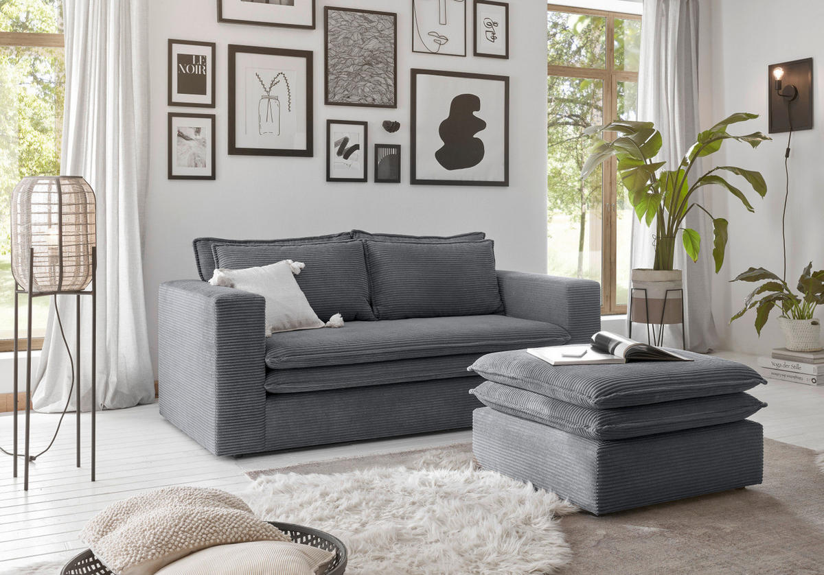 SOFA-SET grau Cord, Couch 2-Sitzer inklusive Hocker - Beige/Grau, Holz/Textil (180/83/161cm) - Furn.Design