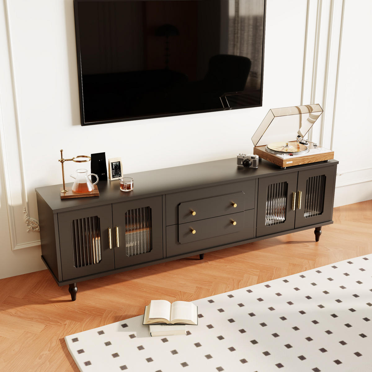 TV-LOWBOARD Retro Glas Tür Holzbeine - Schwarz, Holzwerkstoff (175/55.5/38cm) - LEBENLANG