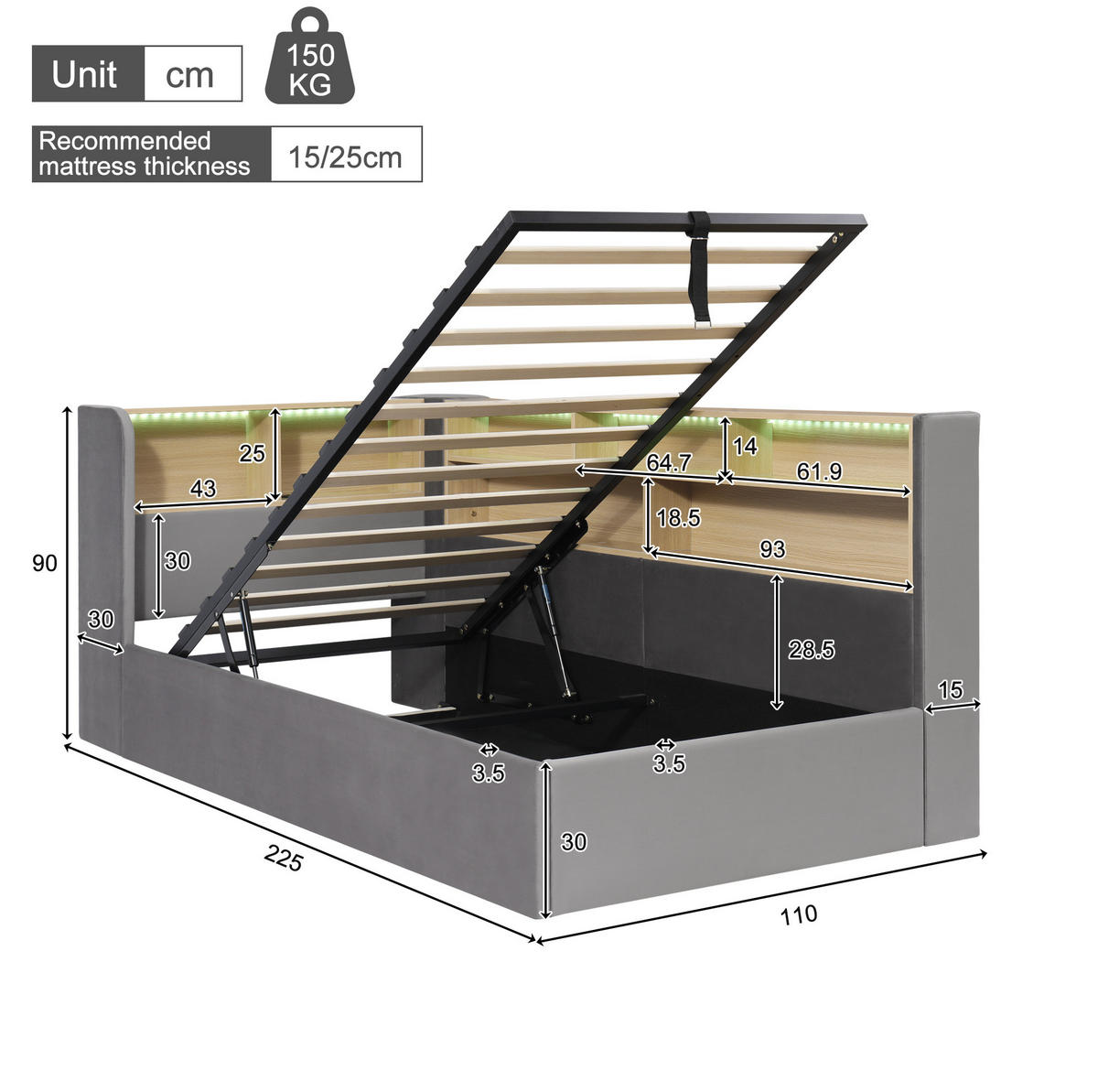 ČALÚNENÁ posteľ z zamatu 90x200 cm sivá s hydraulickým úložným priestorom, LED osvetlením a USB-C - sivá, textil (90/200cm) - Modfu