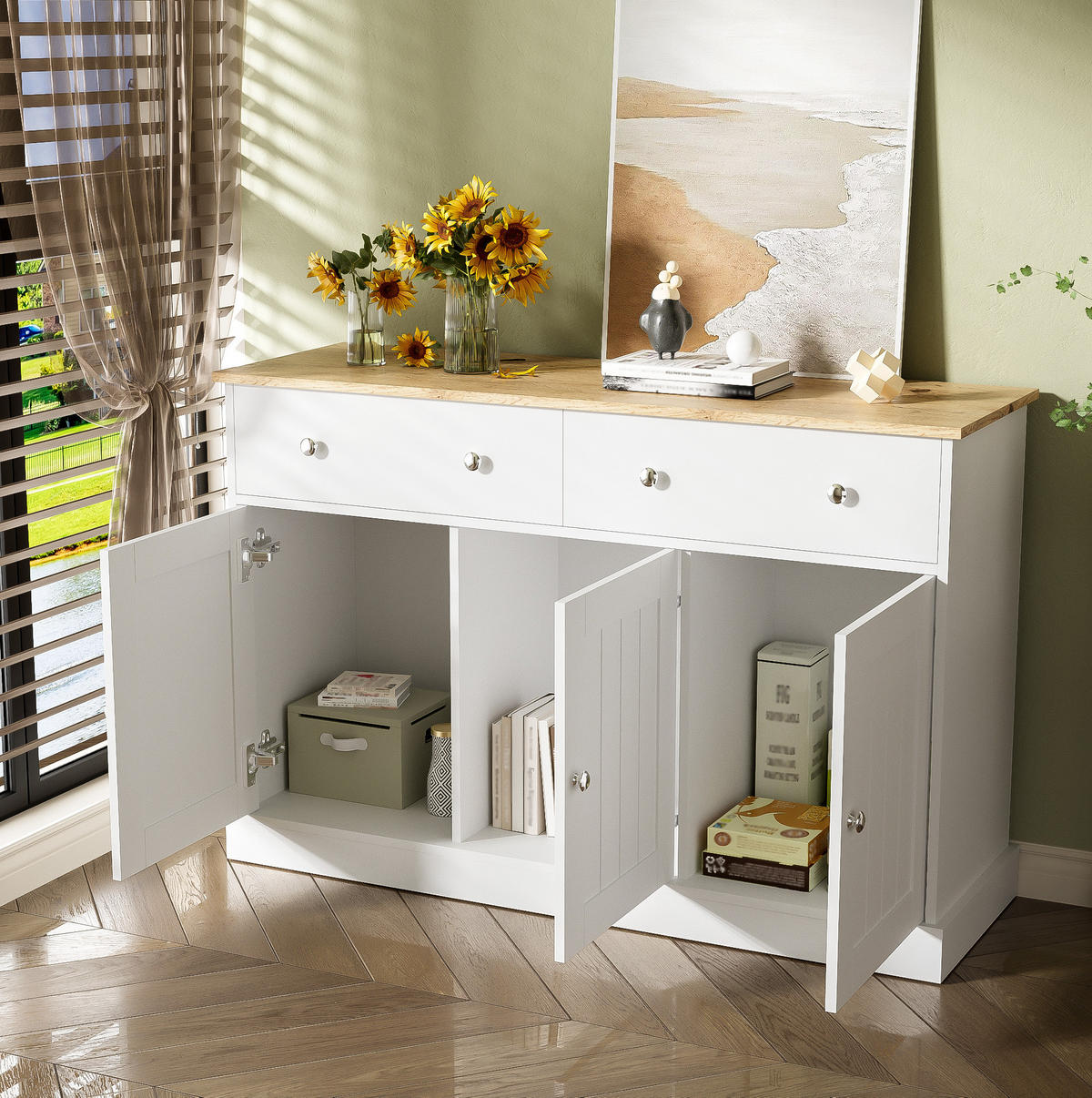 SIDEBOARD 120/36/80,5 cm mit 3 Türen & 2 Schubladen in Weiß und Holzdekor - Weiß, Holzwerkstoff (120/80.5/36cm) - BEAOK