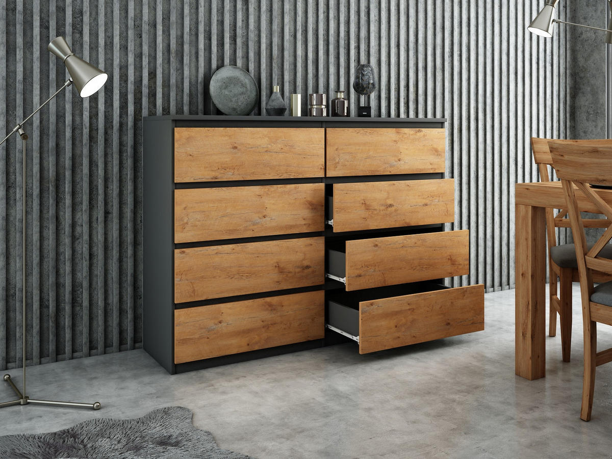 KOMMODE NUDO 120/101,5/39cm mit 8 Schubladen Türen Anthrazit - Eichefarben/Anthrazit, Holzwerkstoff (120/101.5/39cm) - MASSENO
